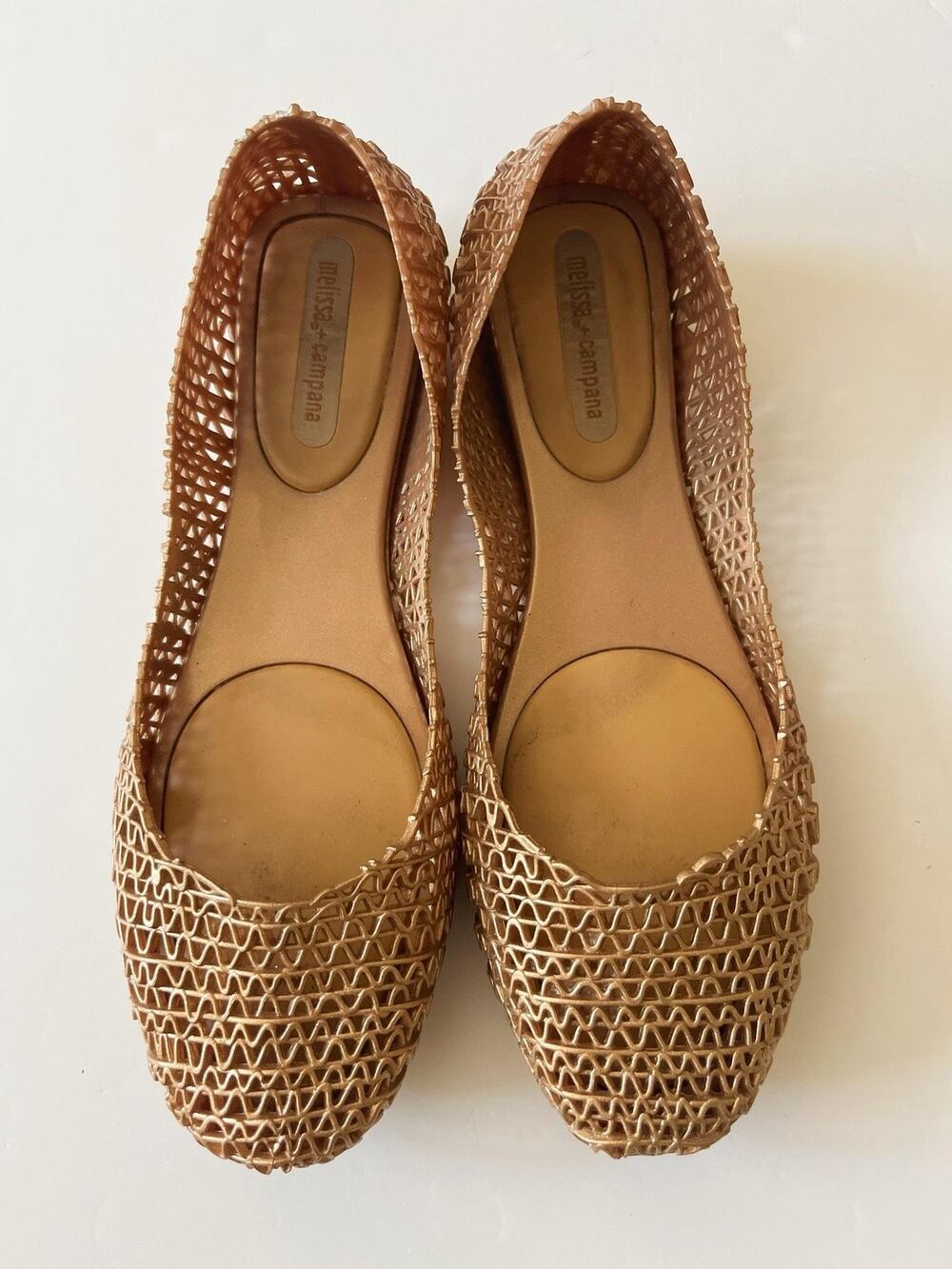 Melissa + Campana Shoes Womens Size 8 Gold Jelly Mesh Slip On Flats Summer